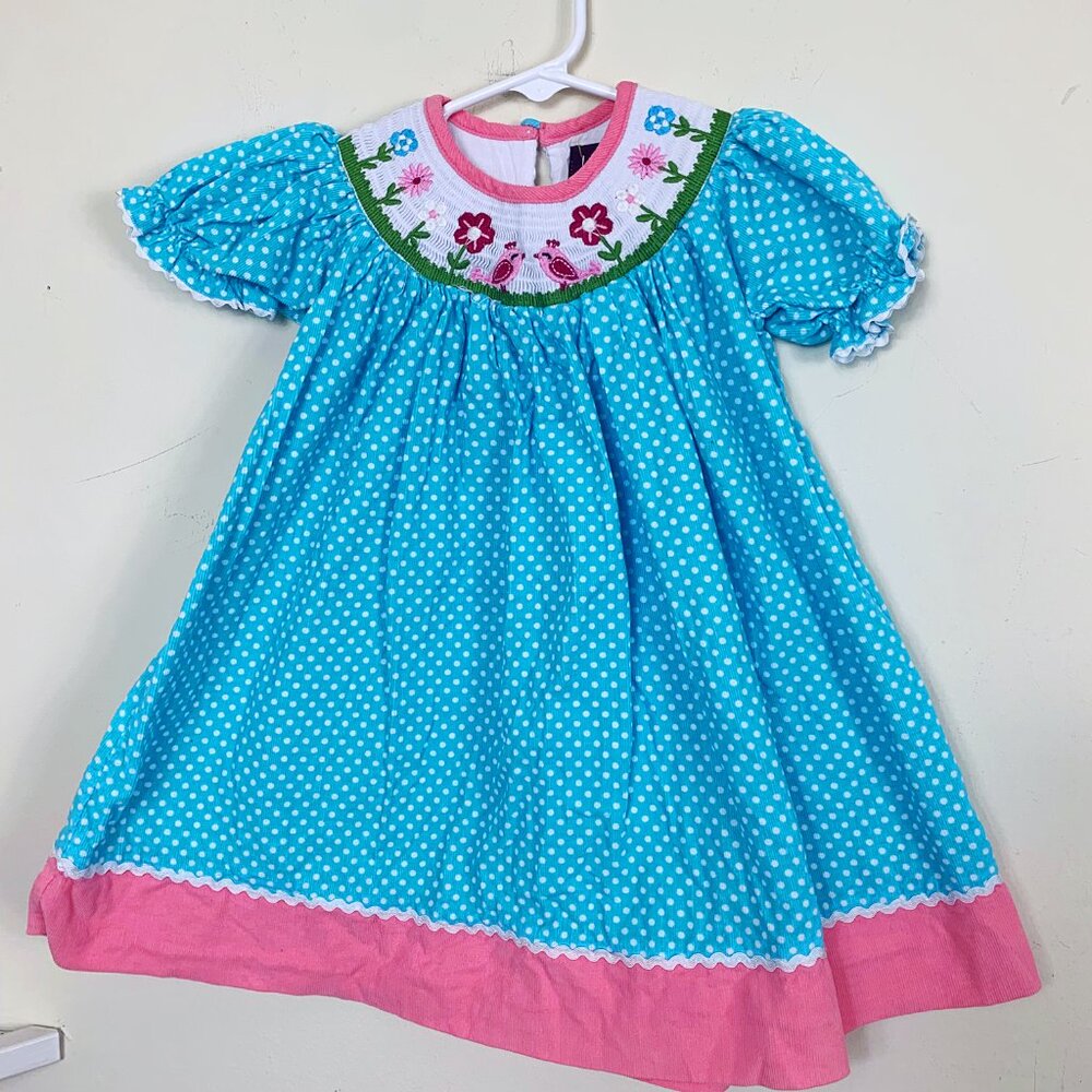 Lil Catcus Blue White Polka Dot Corduroy Dress Smocked Birds Size 6-12 Months